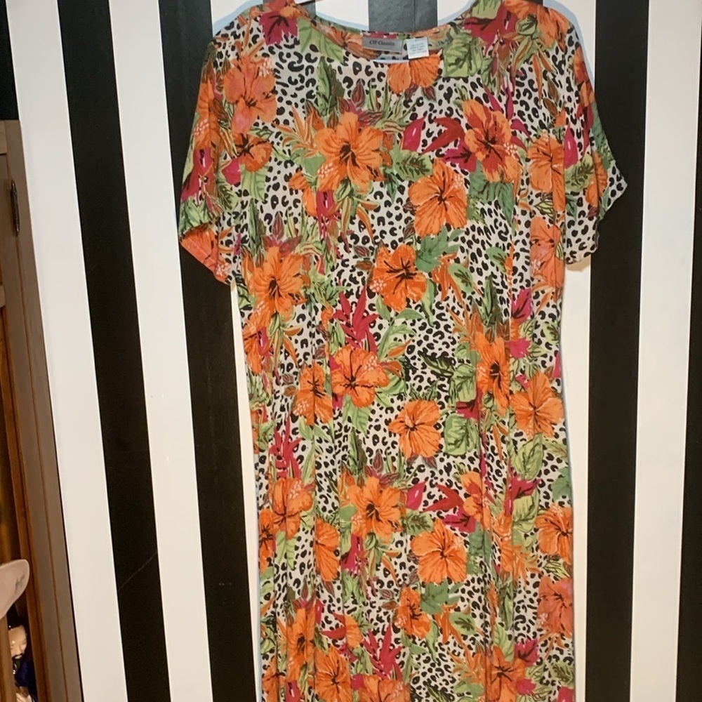 Floral Print Dress Orange and Green Tropical Caftan Miu Miu MooMoo Cover Up